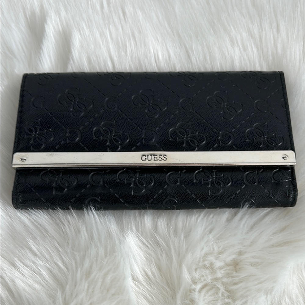 GUESS G-Pattern Embossed Black Wallet w/ Silver Metal Detail Engraved with Guess